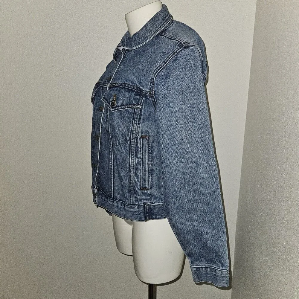 Biker Blues Harley Davidson Cropped Denim Jacket Embroidered Flags Ladies Small - Picture 3 of 14